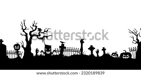 Halloween cemetery silhouette with pumpkins and zombie. Vector creepy graveyard with monster hand stick up from the tombs. Trees, crow, fence and jack lantern on white background, necropolis landscape Royalty-Free Stock Photo #2320189839