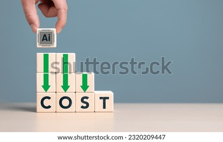 Lean or Cost reduction by Machine learning. AI or Artifice intelligence to optimize manufacturing. Decreasing expense to maximize profits. Hand put wooden cube with AI icon and cost down green arrows. Royalty-Free Stock Photo #2320209447