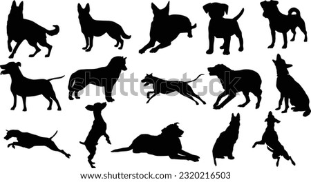 Dog silhouette Vector Set walking and standing . Shepherd, beagle, great Dane, dachshund, poodle, pit bull. . Vector black flat icon isolated on white background.