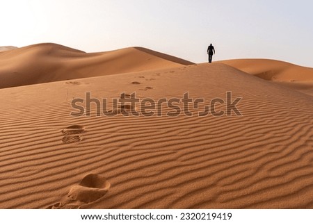 A person walking through the Erg Chebbi desert in the African Sahara, Morocco Royalty-Free Stock Photo #2320219419