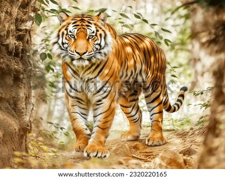 A Bengal Tiger in A Forest.  Selective Focus and Blurred Background.