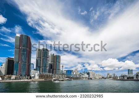 The surrounding scenery of Darling Harbour in Australia and the cruise ship at anchor