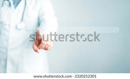 Doctor pressing by finger to find inforamtion on virtual search bar wtih copy space background. Medical assistance and emergency on online internet concept. Website and home page research button Royalty-Free Stock Photo #2320252301