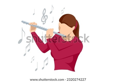 Isometric Woman plays the flute. Flute woodwind orchestral instrument Royalty-Free Stock Photo #2320274227