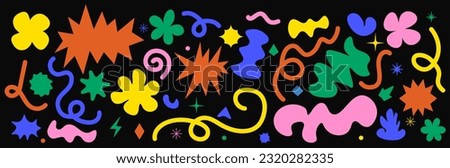 Abstract cloud shapes sticker pack.  Flowers, figure spiral, star, lines  in trendy retro 90s cartoon style.