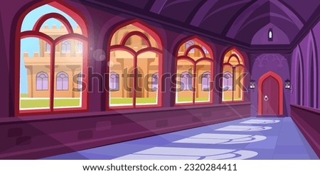 Old castle hall background with large windows and a secret door and shadows on the marble floor. Magic school interior. Vector illustration of a medieval palace hallway for game design. Royalty-Free Stock Photo #2320284411