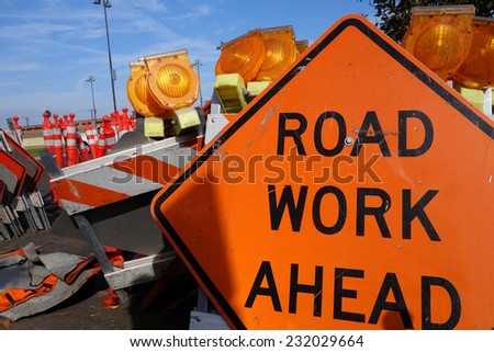  traffic safety roadwork signs and light                               Royalty-Free Stock Photo #232029664