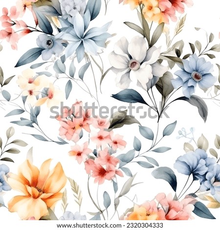 Seamless pattern of hibiscus flowers and lily with leaf background template. Vector Royalty-Free Stock Photo #2320304333