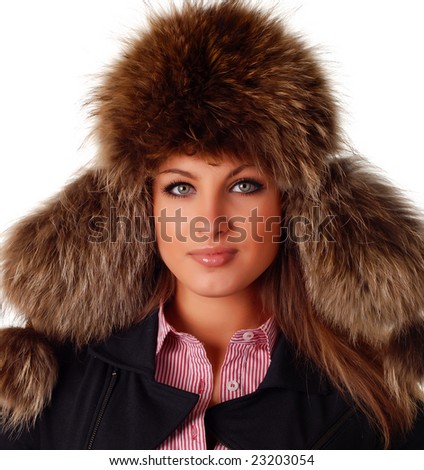 beautiful woman in fur cap with ear flaps