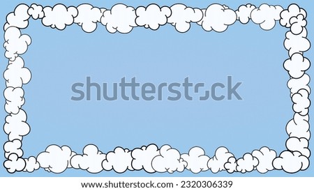 Frame of cartoon clouds of different shapes isolated on blue background vector clip art horizontal banner with text area. Hand drawned white clouds. Photo frame, content area