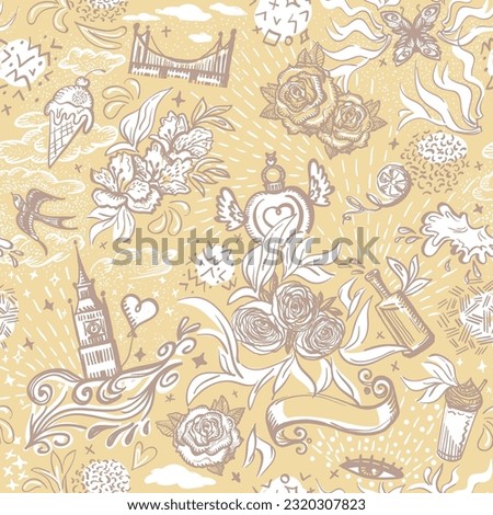 Fashion seamless multi symbol pattern with flowers, city elements and desserts, beige vector background