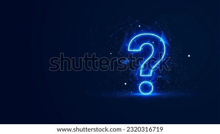 Futuristic glowing question mark with plexus lines and glitter particles. A question mark in the neon light style. 3D abstract copy space in the night view. Digital technology background Royalty-Free Stock Photo #2320316719