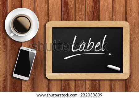 Phone, Coffee And A Chalkboard On The Wooden Table Written Label.