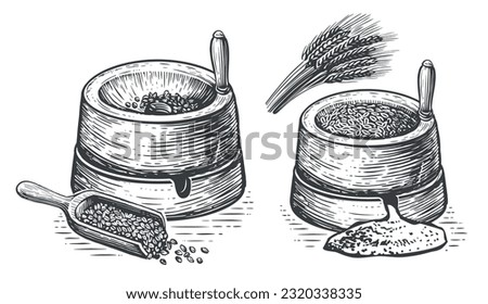 Millstone sketch. Hand mill is an ancient stone tool for grinding grain products and obtaining flour. Vintage vector Royalty-Free Stock Photo #2320338335