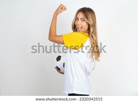 Profile photo of Young beautiful woman wearing football T-shirt supporting soccer team World Cup 2022 raise fist shouting