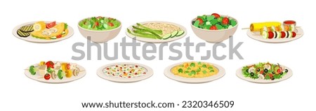 Vegan Dish and Main Course with Vegetables Served on Plate Vector Set Royalty-Free Stock Photo #2320346509