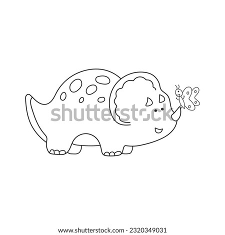 Hand drawn illustration vector graphic Kids drawing style funny cute green triceratops dinosaur with little butterfly in a cartoon style by wordspotrayal