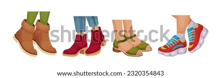 Female Legs Wearing Fashion Shoes and Footwear Vector Set
