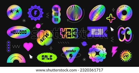 Vintage holographic gradient sale and discount y2k stickers, graphic elements. Set of abstract vector symbols, holography labels mockup isolated on black background. Shine badges different shapes. Royalty-Free Stock Photo #2320361717