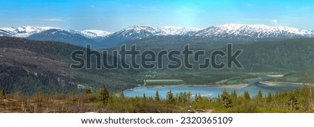 Mountain view from Risfjellet, Mo i Rana, Norway. Norwegian mountain landscape in early summer snow on the high mountain peaks. Pine trees high altitude. Mountain lake, fjord. Panorama high megapixel Royalty-Free Stock Photo #2320365109
