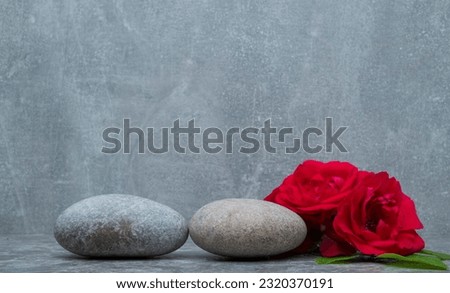 minimalistic background with gray stones and flowers on a gray background for a product presentation background podium.