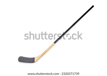 Black wooden hockey stick on a white isolated background. Royalty-Free Stock Photo #2320371739