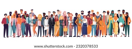 Vector cartoon illustration of Diverse global people teamwork of different cultures. Happy women and men in modern. Friends, coworkers or relatives character on White isolated background. EPS 10 Royalty-Free Stock Photo #2320378533