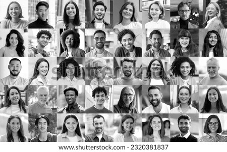Black and white portrait, collage of multiracial smiling business people. Successful business, team, career, diversity concept 