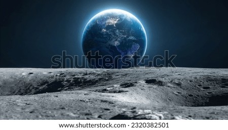 Moon and Earth. Moon with craters in deep black space. Moonwalk. Earth at night. Elements of this image furnished by NASA Royalty-Free Stock Photo #2320382501