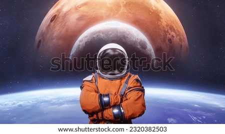 Sci-fi collage with astronaut, Earth, Mars planet and Moon. Spaceman on near Earth. Future space missions. Elements of this image furnished by NASA Royalty-Free Stock Photo #2320382503