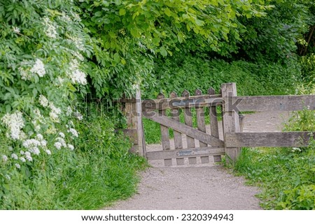 Gravel nature path and wooden fence in the forest in spring, The Pieterpad is a long distance walking route in the Netherlands, The trail runs from northern part of Groningen to end of in Maastricht. Royalty-Free Stock Photo #2320394943