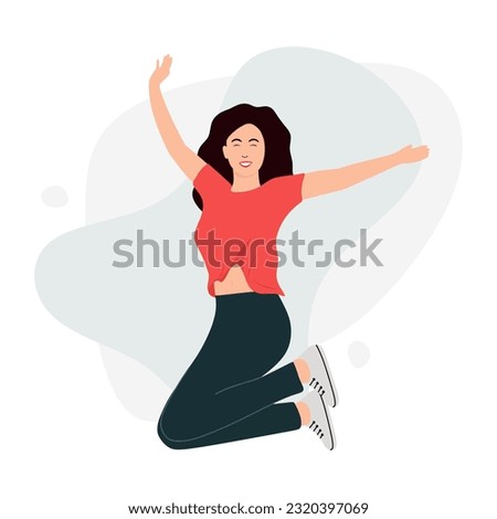 Happy surprised girl, woman jumping for joy. Young funny teenager celebrating victory. Happy woman celebrates success. Flat vector illustration isolated on white background