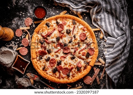 This is the perfect pizza picture that showcases the essence of elegance and premium dining. The dark and moody board beautifully presents the exquisite pizza in all its glory.