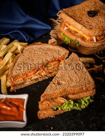 This sandwich picture radiates elegance and premium dining. With a dark and moody backdrop, it showcases the exquisite flavors in all their glory. The fine dine props add a touch of sophistication.