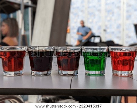 Five Different Kinds of Ginja Portuguese Liqueur from Aguardente Brandy Fortified Wine at a Tasting Royalty-Free Stock Photo #2320415317