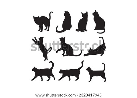 vector silhouette of cats in different positions, vector hand drawn animals silhouette set, vector vector cats set. animal pet, wildcat and kitten, hunter and predator, black silhouette illustration.