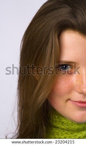 girl is taken picture.  portrait. White background.