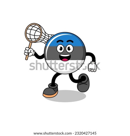 Cartoon of estonia flag catching a butterfly , character design