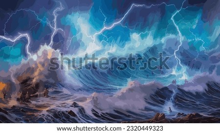 Bright lightning in a raging sea. A strong storm in the ocean. Big waves. Night thunderstorm. Dark tones. The power of raging nature. Seascape, artwork. Vector illustration design Royalty-Free Stock Photo #2320449323