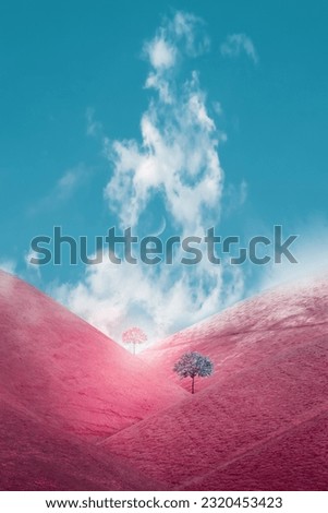 Fantastic landscape with lonely trees in the style of minimalism in pink and blue tone.