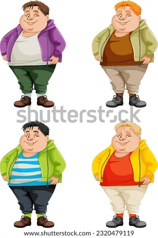 Set of overweight male cartoon character illustration