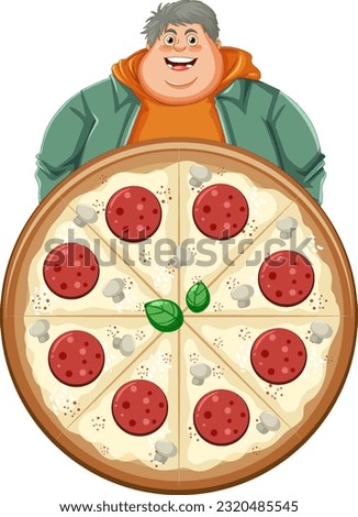 Overweight man holding pizza illustration