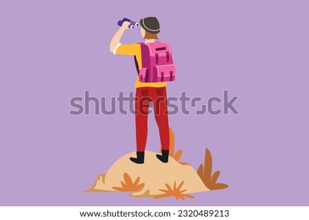 Cartoon flat style drawing back view of girl trekking on mountain. Young woman traveling in mountains, standing on top, looking in binoculars. Tourist outdoor scene. Graphic design vector illustration