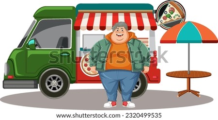 Overweight man in front of pizza truck illustration