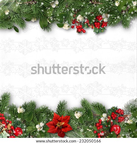 Christmas border on white background with holly,firtree,vÃ?Â­scum.