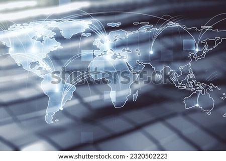 Abstract graphic digital world map hologram with connections on abstract metal background, globalization concept. Multiexposure