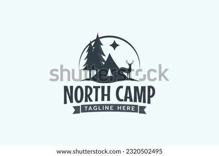 north camp logo with a combination of a tent, pines, deer, and the north star for any business.