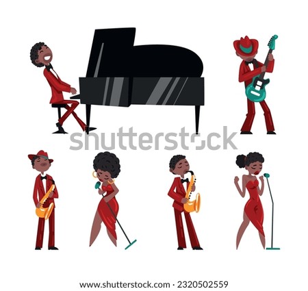 People Characters Jazz Solo Musicians Playing Musical Instrument and Singing with Microphone on Stage Vector Set