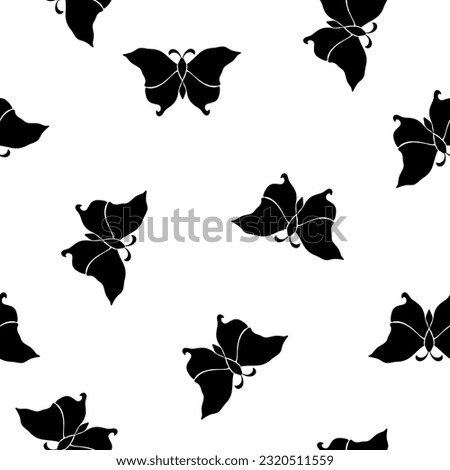 Black silhouette of a moon moth seamless pattern. Black magic insect on white background. Celestial seamless pattern. Design for boho print, fabric, apparel. Linocut style.