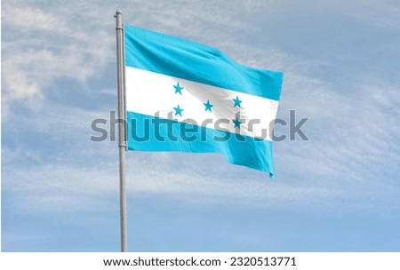 The flag of Honduras consists of three equal horizontal stripes of turquoise, white and turquoise, with five turquoise stars in a quincuncial pattern at the centre of the middle stripe